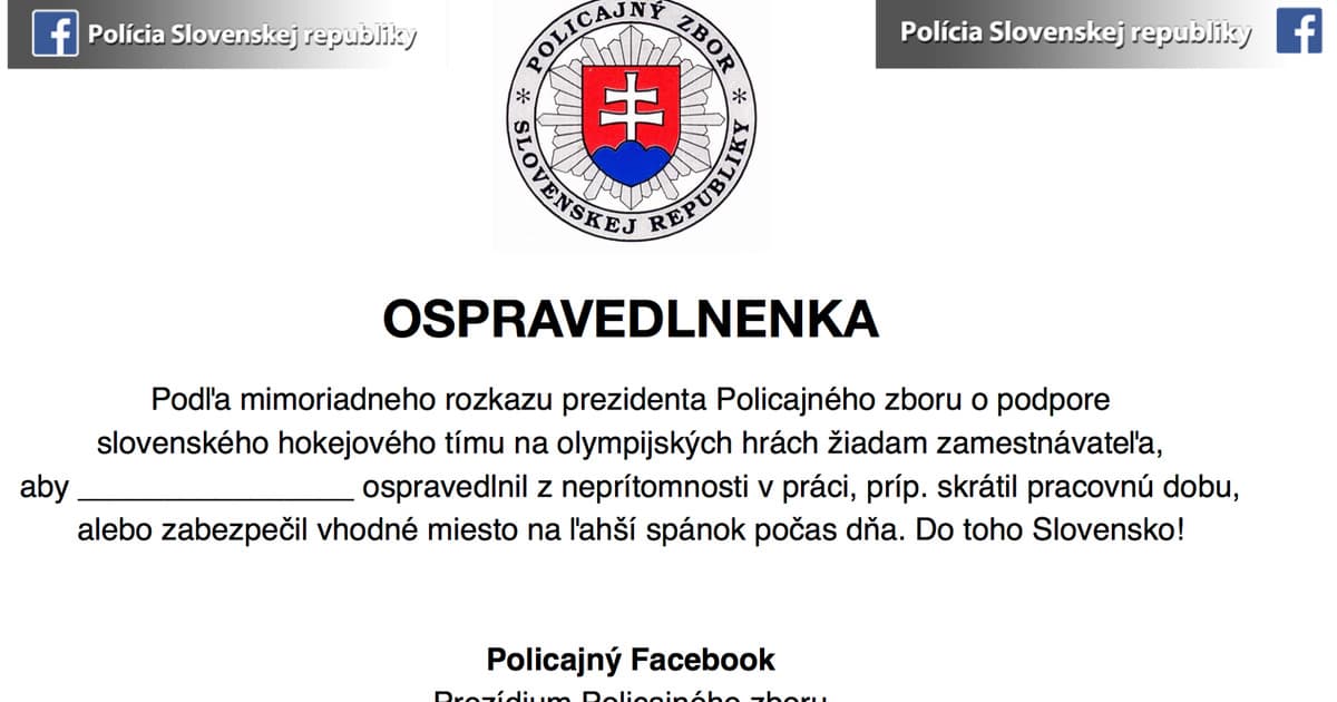 Polícia SR si pre každého, kto chcel pozerať hokej proti USA, pripravila ospravedlnenku do práce