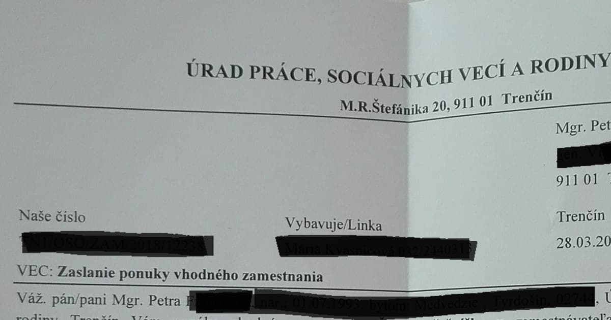 Petre došiel list z Úradu práce. Našli pre ňu „vhodné“ zamestnanie.
