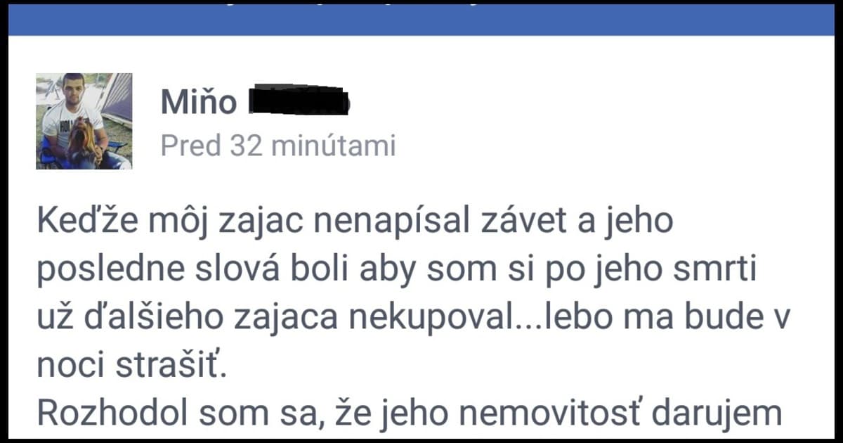 Zomrel mu zajačik Pajky. Teraz vtipne rozdáva jeho veci.